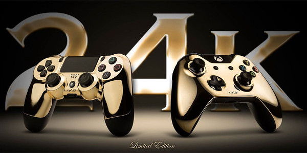 Playstation 4 e Xbox One com joysticks em ouro 24k