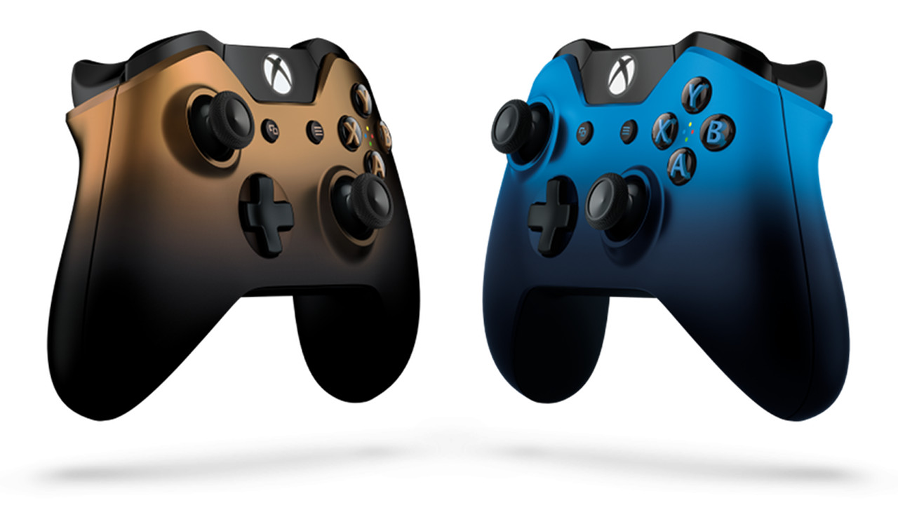 Joysticks do Xbox One nas cores azul e cobre