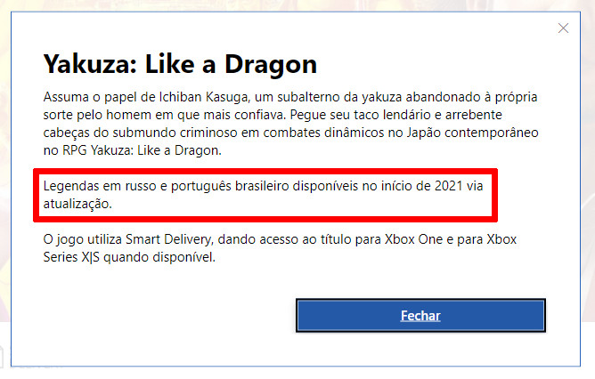 Yakuza: Like a Dragon terá legendas em português